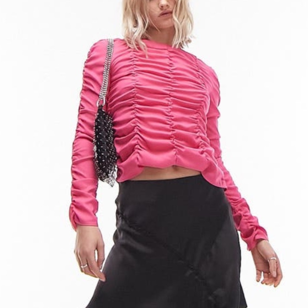 NWT Topshop ruched long sleeve shirred top in pink | ASOS blouse